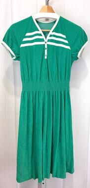 VICKY VAUGHN Junior Vintage 70s Sporty Midi Dress Short Sleeve Green White XS 9